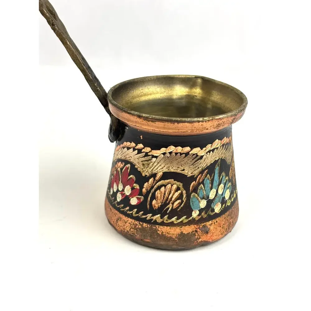 Vintage Turkish Hand Painted Copper Coffee Pot Kettle Decor Cezve Wooden Handle‎